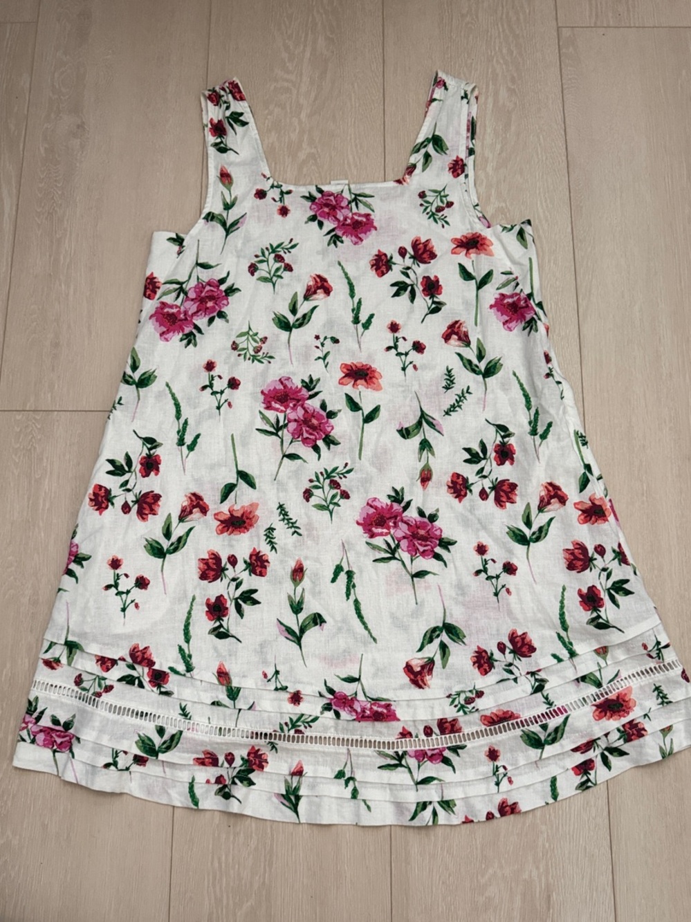 Joie White Floral Dress Linen Blend with Pink and Red Flower Print